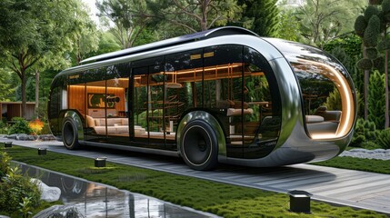 A futuristic electric bus with a sleek, eco-friendly design inspires with insects, featuring solar panels on the roof.