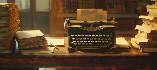 Vintage Typewriter on Wooden Desk Evoking Nostalgia and Creativity in Soft Light Setting