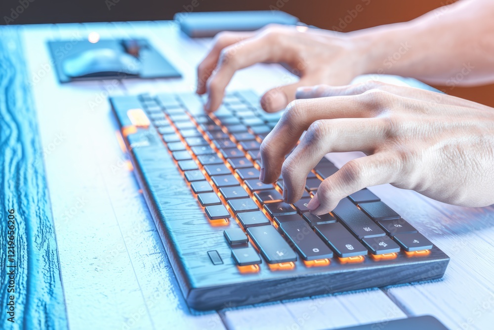 Aufkleber close-up of hands typing on a backlit keyboard, showcasing modern technology and digital interaction
