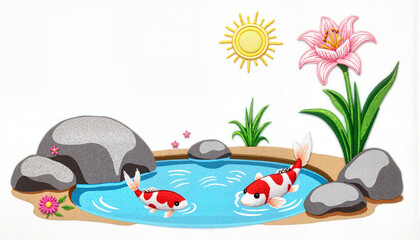 Koi fish swimming in a pond with sun and flowers