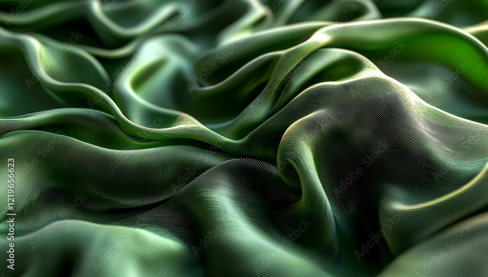 Poster an abstract green background enhanced with multiple layers of silk drapery folded over