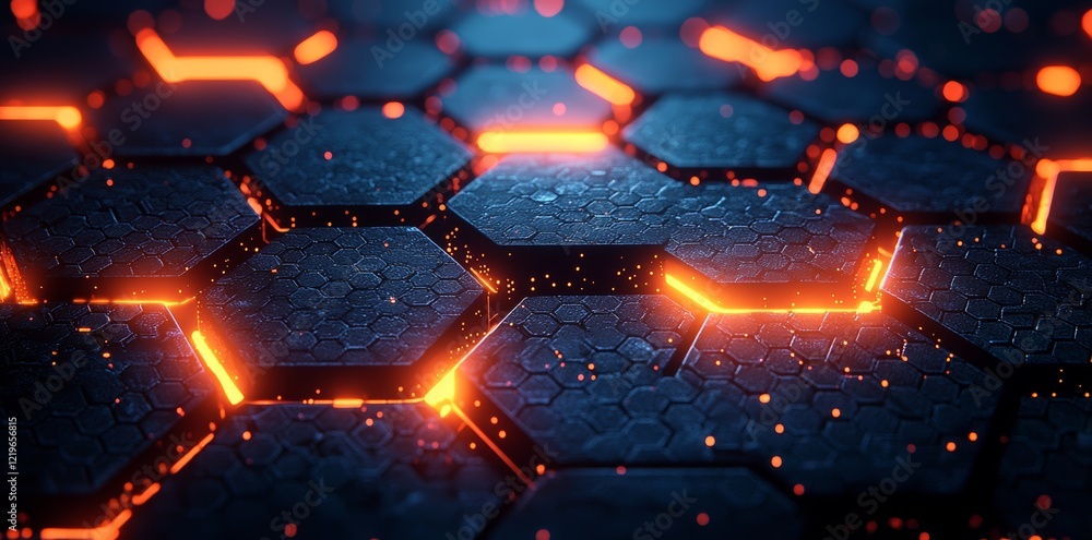 Poster stockhexagon pattern with glowing lights forms an abstract background