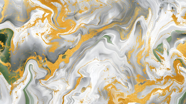 Luxurious marble abstract texture pattern in gold and gray white dark paint with green accents, generative ai