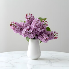 Purple flowers in a vase on a table in a minimalist white interior