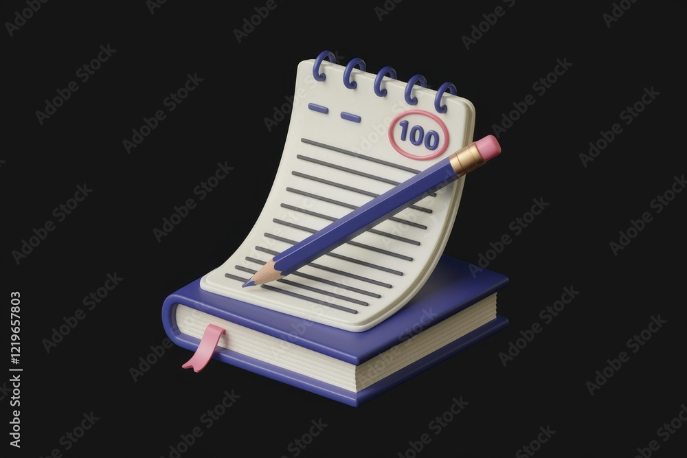 Poster a 3d illustration of a notebook with a pencil and a red circle with the number 100.