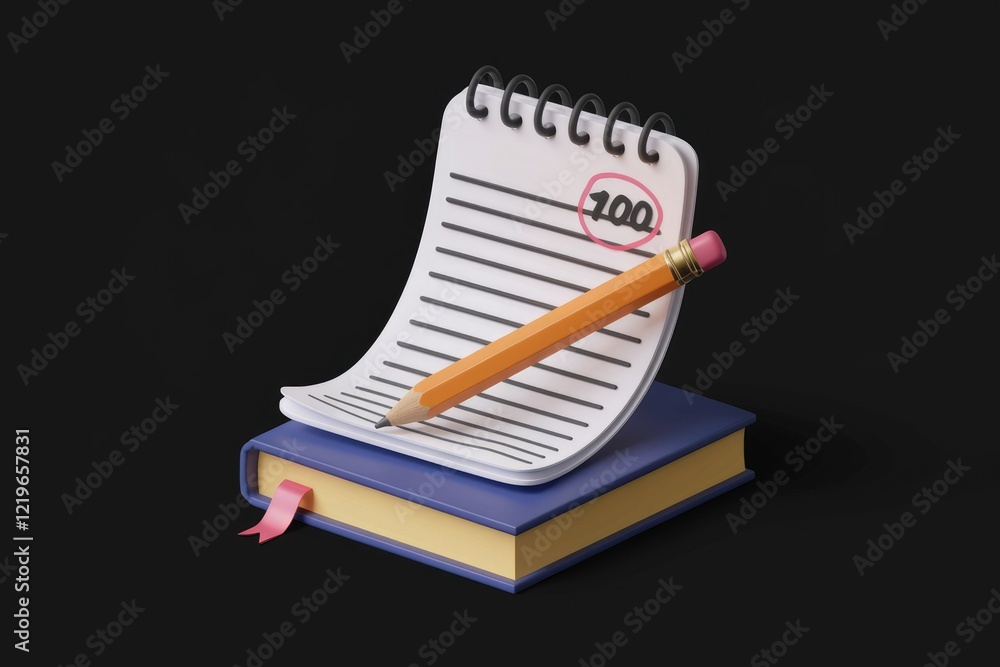 Poster a notebook with a pencil and a book with a red circle around the number 100.