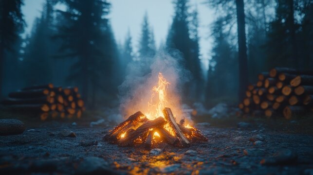 Forest campfire burning, misty night, wood stacks