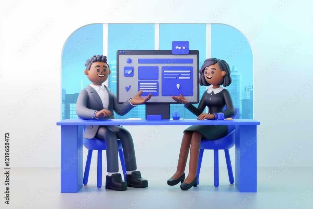Poster two 3d animated businesspeople discuss a website design on a computer screen in a modern office.