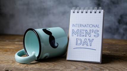Blue mug with mustache design and International Mens Day notepad.