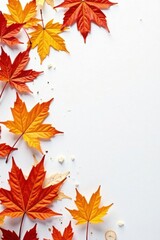 Fototapeta premium Colorful orange maple leaves scattered on a white background, , winter wonderland