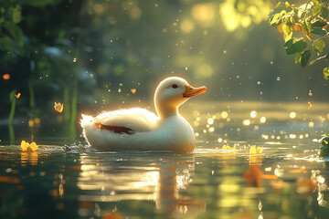 White Duckling Swims in Golden Sunlight Water