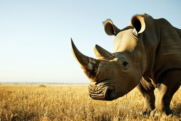 Obraz premium Close-up of a rhino's sad gaze in dry grassland after horn removal