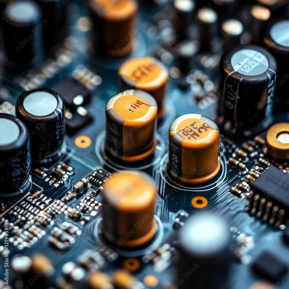 Poster capacitors and microchips on a circuit board. concept of electronics technology and components. for 