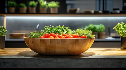 Fresh vegetables in a wooden bowl on kitchen counter