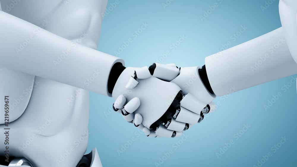 Poster 3d rendering hominoid robot handshake to collaborate future technology development by ai thinking br