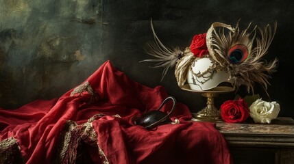 Red fabric and mask in dramatic lighting