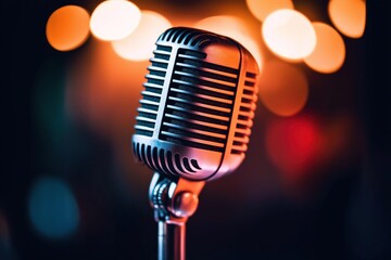 Retro vintage microphone. Stage lighting creates dramatic colors. Perfect for music events. Vintage concert atmosphere. Suitable for various media. Live music performance. Classic sound. Retro style.