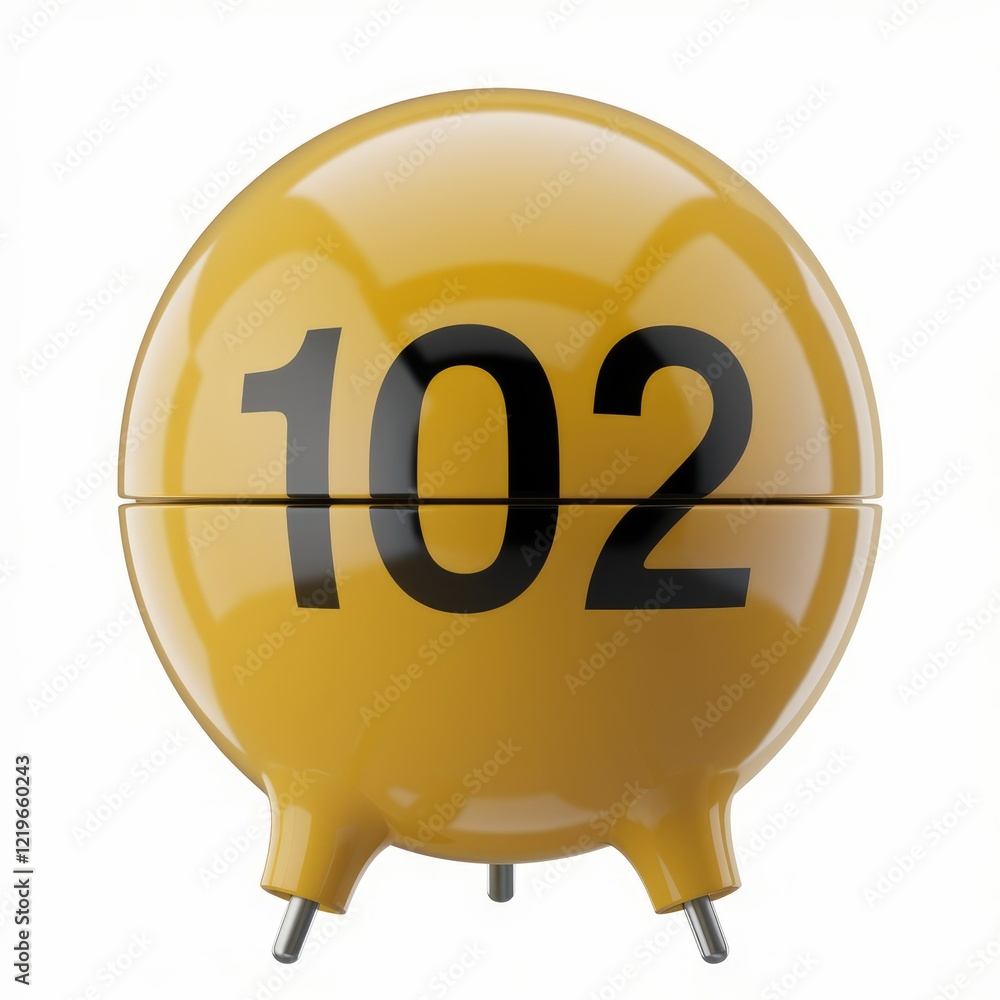 Poster a yellow spherical object with the number 102 printed on it.