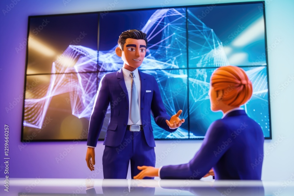 Poster Two cartoon businesspeople discuss strategy in front of a large screen displaying data visualizations.