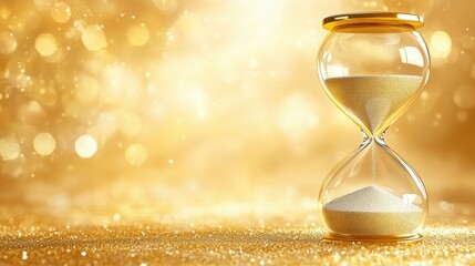 Elegant Hourglass on Glittering Gold Background with Soft Bokeh Lights