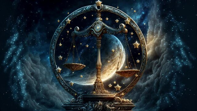 Zodiac sign of Libra, scales with magic light and stars in space, concept of horoscope, astrology, fantasy and universe. 