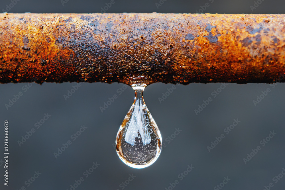 Poster close-up view of a water droplet reflecting light while clinging to a rusty pipe in an industrial se