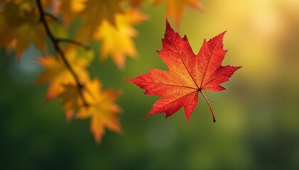 Obraz premium Leafy branches with a single colored maple leaf, colorful, nature photography, flowers