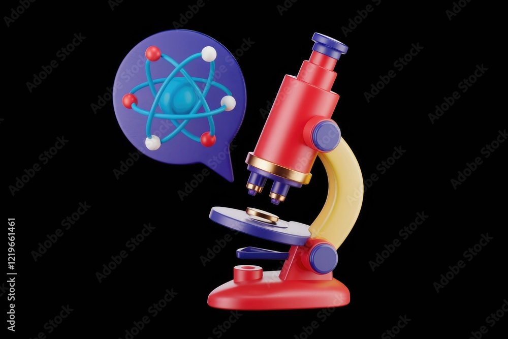 Poster a colorful cartoon microscope with a speech bubble showing a water molecule inside an atom.