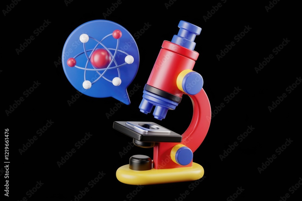Poster a red and blue microscope with a speech bubble showing an atom.