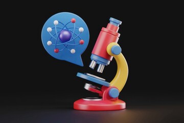 Fototapeta premium A colorful cartoon microscope with an atom in a speech bubble representing scientific discovery.