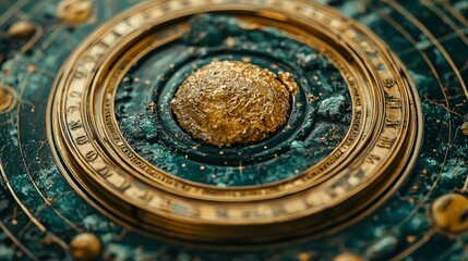 Obraz premium Ancient star map showing the movement of celestial bodies, featuring the world inside a golden circle, with the earth and blue sea in the foreground, stars in the background connected by lines.
