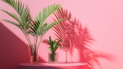 Obraz premium Pink wall with shadow of tropical leaves