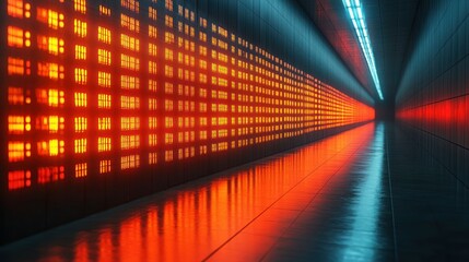 Futuristic corridor, glowing data wall, reflection, technology, digital backdrop