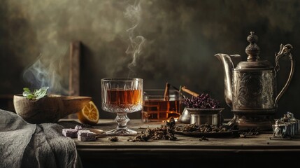 Rustic tea setup with steaming pot and citrus