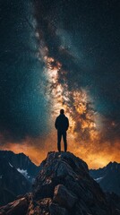 Fototapeta premium Stargazer on rocky peak admiring the vast milky way in dark night sky