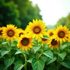 Obraz premium Close-up view of sunflower heads, lush greenery , garden, countryside, flowerhead