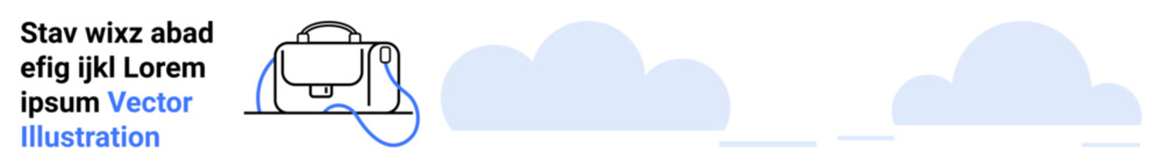 Travel bag with earphones connected, flanked by abstract clouds. Ideal for travel blogs, tech reviews, luggage brands, music apps, airport websites, packing tips, vacation planning. Landing page