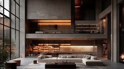 Minimalist, modern, high-ceilinged space.