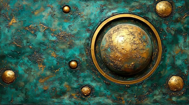 An ancient star map illustrating the motion of celestial bodies, centered around the world within a golden orb, surrounded by the earth and a blue sea, with stars in the background linked by lines.