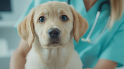 A playful puppy receiving veterinary care with a soft expression and attentive eyes.