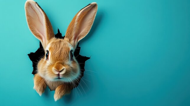 A playful rabbit peeks through a vibrant turquoise backdrop, showcasing its charm.