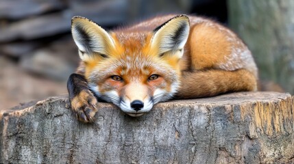 Fototapeta premium A resting red fox lying on a wooden log, showcasing its vibrant fur and curious eyes.