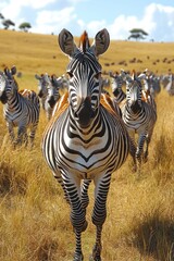 Obraz premium Zebra herd walks through golden savanna.