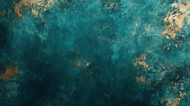 A textured abstract background with deep teal hues accented by scattered gold metallic highlights, creating a rich and dynamic visual effect
