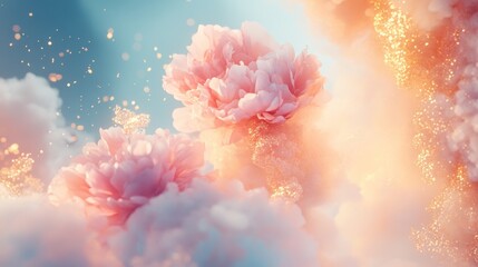 Fototapeta premium Ethereal Blooms: Pink Peonies in a Dreamlike Cloudscape