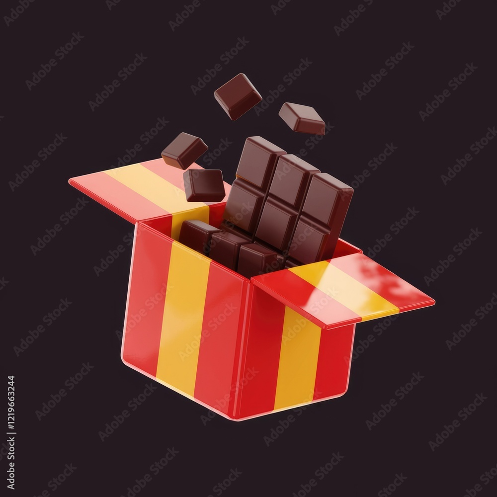 Poster a red and yellow striped gift box with a chocolate bar exploding out of it.