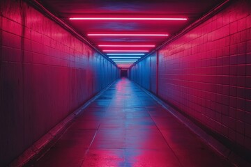 Mysterious corridor illuminated by red lights and a blue exit at the end in a dimly lit building