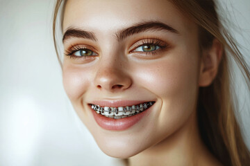 Close-up of a joyful young woman with metallic braces showcasing a radiant smile in soft natural light