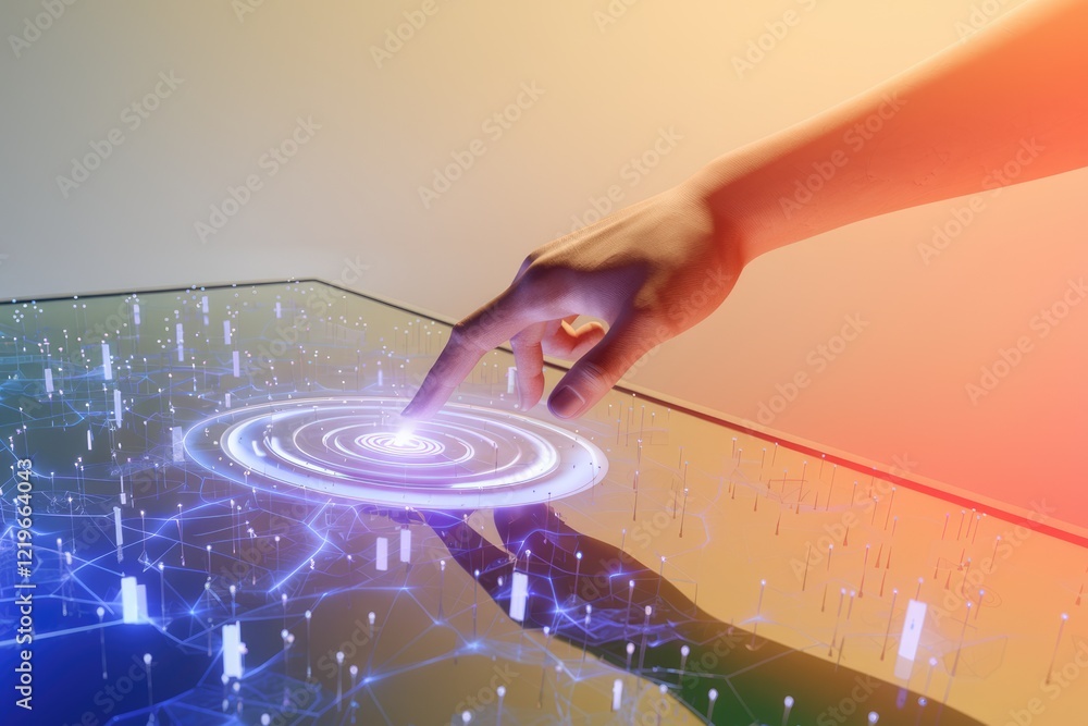 Poster A finger interacts with a futuristic holographic interface displaying interconnected data points and nodes.