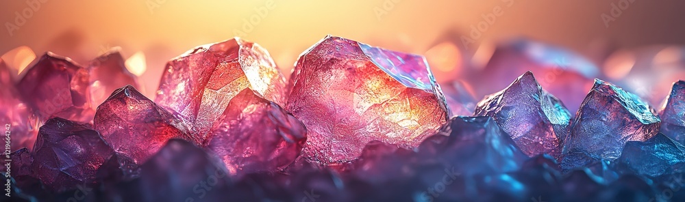 Poster 3d render with an abstract crystal background and iridescent texture, showcasing a macro panorama of